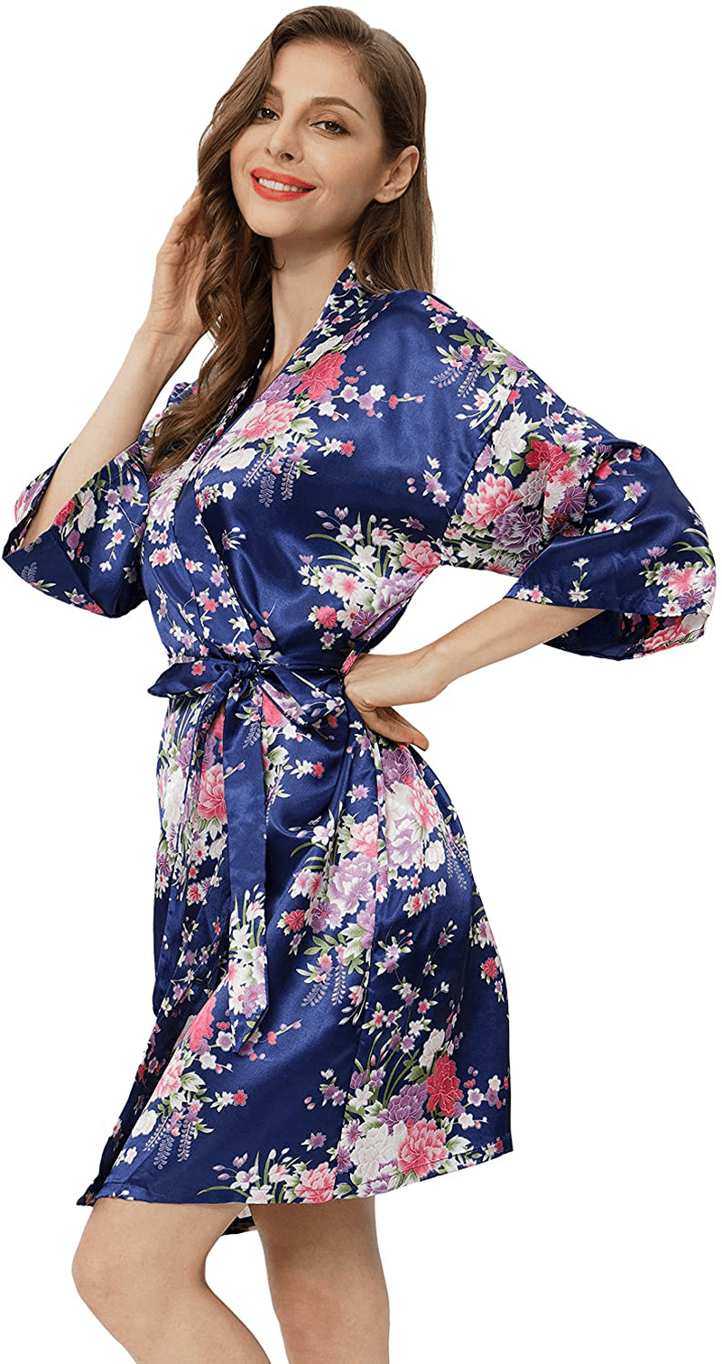 Womens Floral Robes Silk Satin Bathrobes Bridesmaid Bridal Wedding Party Lightweight Kimono Nightgown Apparel & Accessories > Clothing > Sleepwear & Loungewear > Robes DITSONEO   
