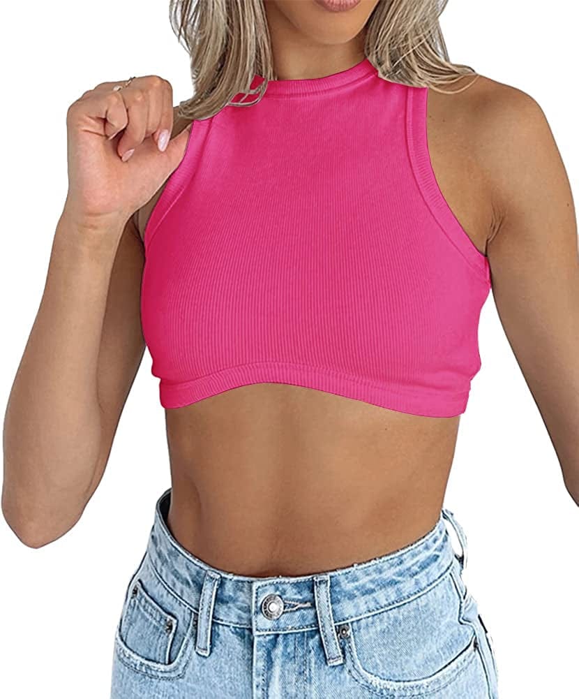 Womens High Neck Crop Tops Crewneck Ribbed Fitted Sleeveless Corset Bustier Y2K Tanks Hot Pink / X-Small