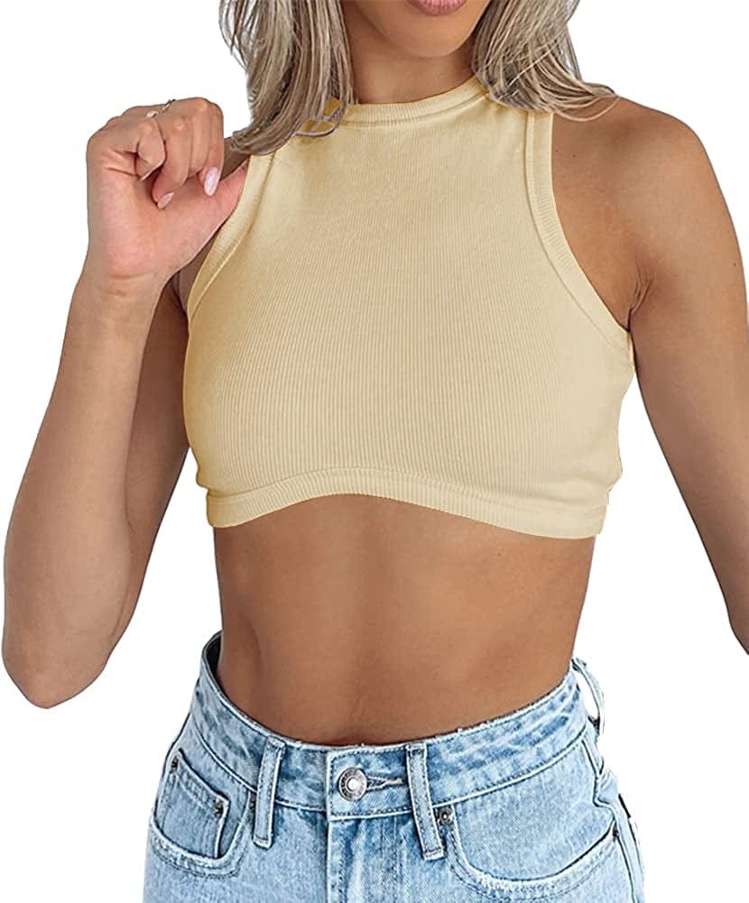 Womens High Neck Crop Tops Crewneck Ribbed Fitted Sleeveless Corset Bustier Y2K Tanks Beige Tan / X-Small
