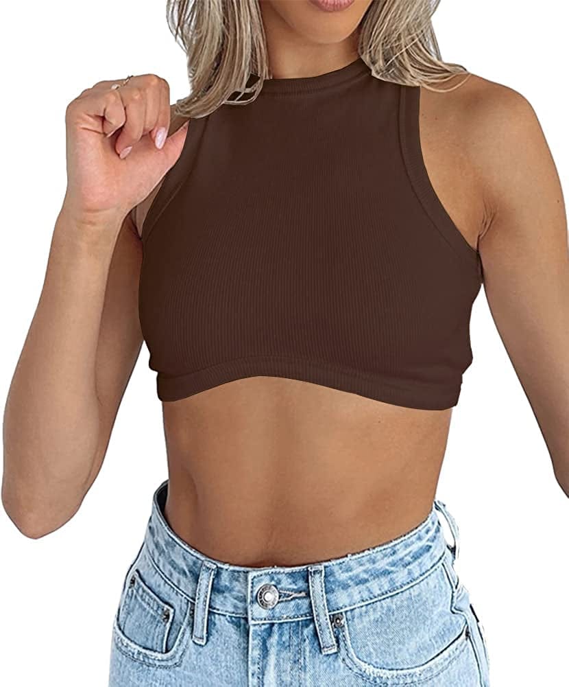 Womens High Neck Crop Tops Crewneck Ribbed Fitted Sleeveless Corset Bustier Y2K Tanks Mocha Brown / X-Small