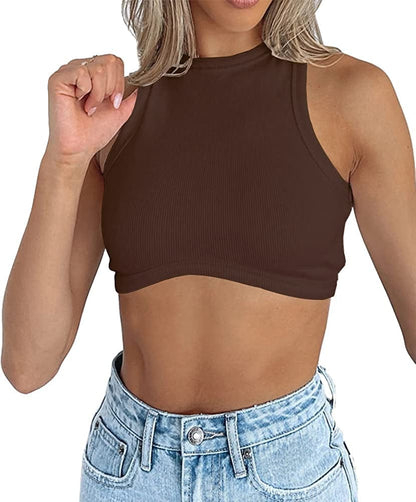 Womens High Neck Crop Tops Crewneck Ribbed Fitted Sleeveless Corset Bustier Y2K Tanks Mocha Brown / X-Small