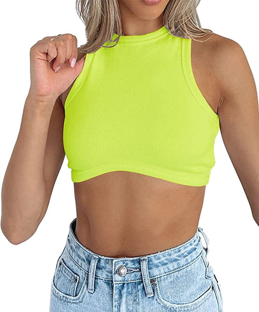 Womens High Neck Crop Tops Crewneck Ribbed Fitted Sleeveless Corset Bustier Y2K Tanks Lime Neon Green / X-Small