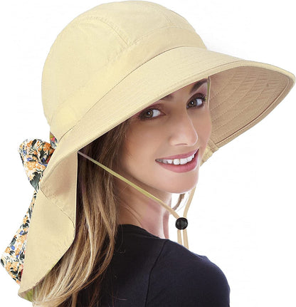 Womens Hiking Hat Wide Brim Hat with Large Neck Flap UPF 50+ Sun Protection Hats Apparel & Accessories > Clothing Accessories > Hats Tirrinia Tan  