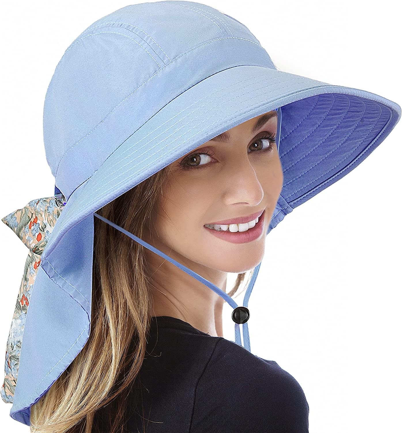 Womens Hiking Hat Wide Brim Hat with Large Neck Flap UPF 50+ Sun Protection Hats Apparel & Accessories > Clothing Accessories > Hats Tirrinia Blue W/ Floral Ribbon  