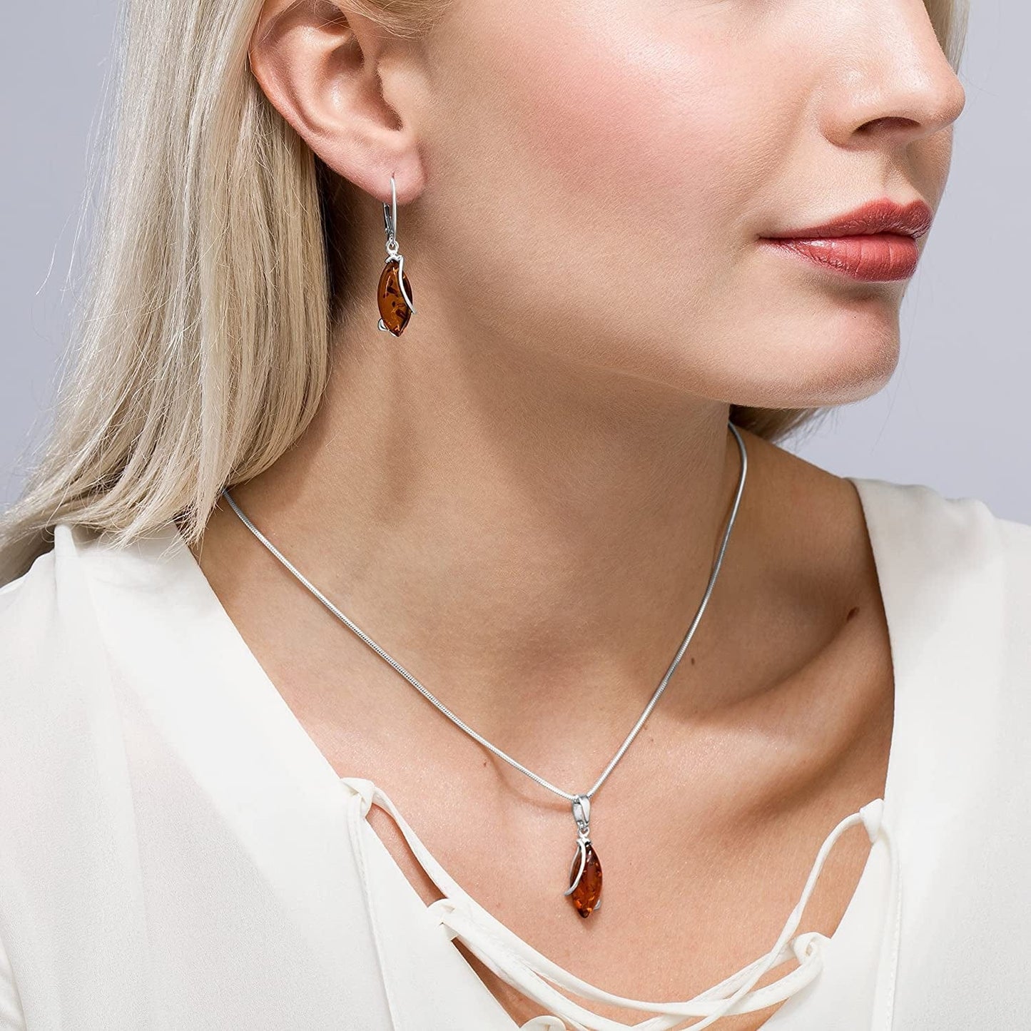 Womens Jewelry Set with Amber, 925 Sterling Silver, Drop Pendant, Gift Box, Idea
