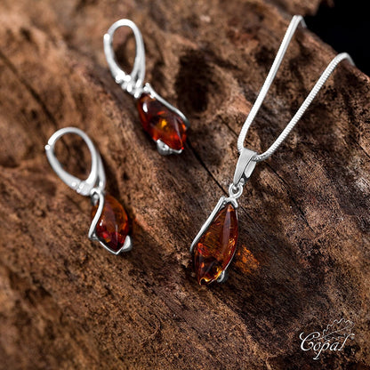 Womens Jewelry Set with Amber, 925 Sterling Silver, Drop Pendant, Gift Box, Idea