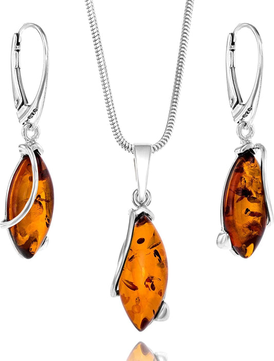 Womens Jewelry Set with Amber, 925 Sterling Silver, Drop Pendant, Gift Box, Idea