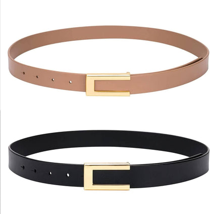 Womens Leather Belt Skinny Waist Belt for Dresses Jeans Pants with Gold Buckle Apparel & Accessories > Clothing Accessories > Belts YooAi Black+khaki (2 Pack) Fit Waist 30"-34" 
