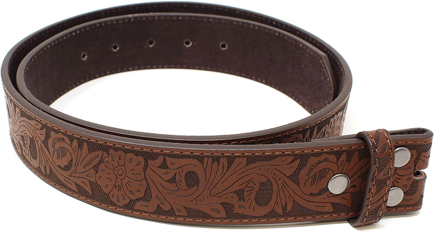 Womens Leather Belt Strap with Embossed Western Flowers Pattern 1.5" Wide with Snaps Apparel & Accessories > Clothing Accessories > Belts BC Belts Brown Medium (33-35) 