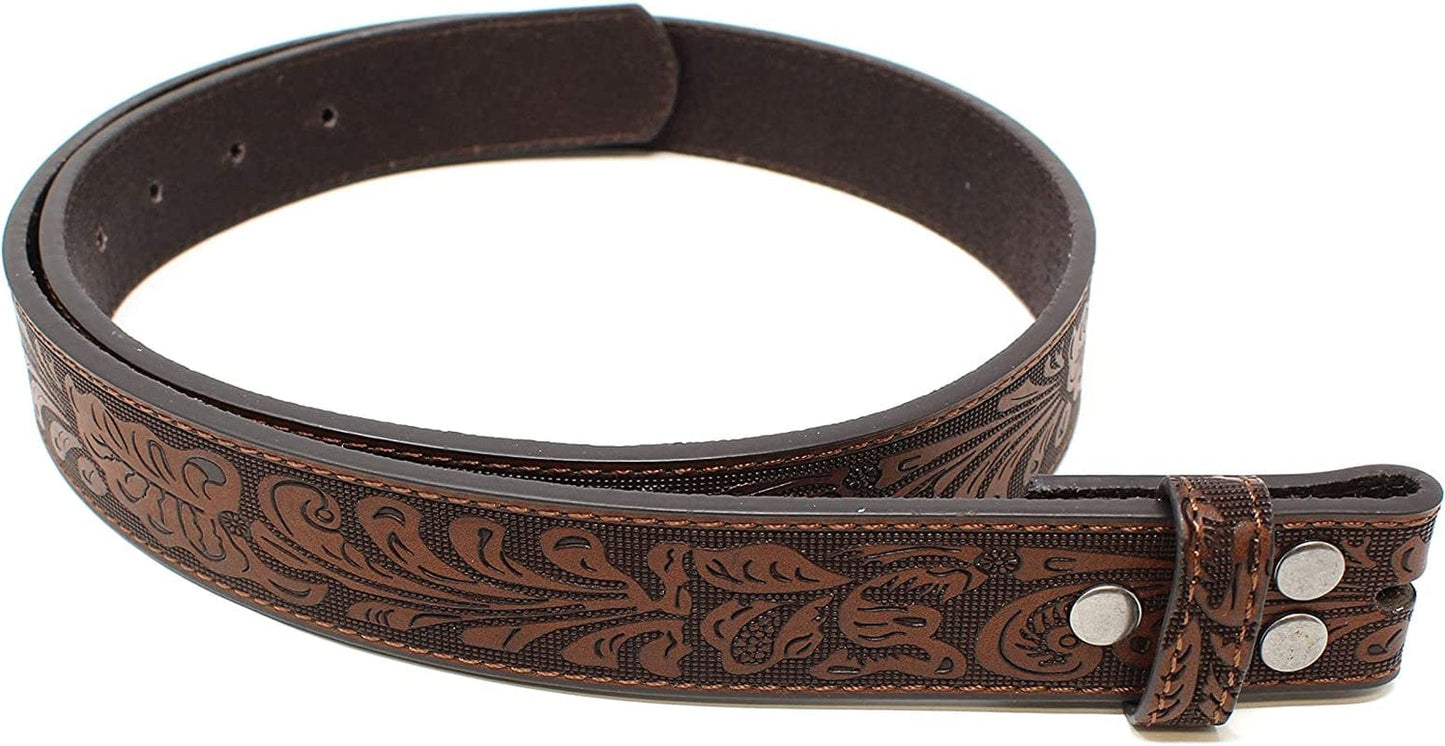 Womens Leather Belt Strap with Embossed Western Scrollwork 1.25" Wide with Snaps Apparel & Accessories > Clothing Accessories > Belts BC Belts Brown Small (30-32) 