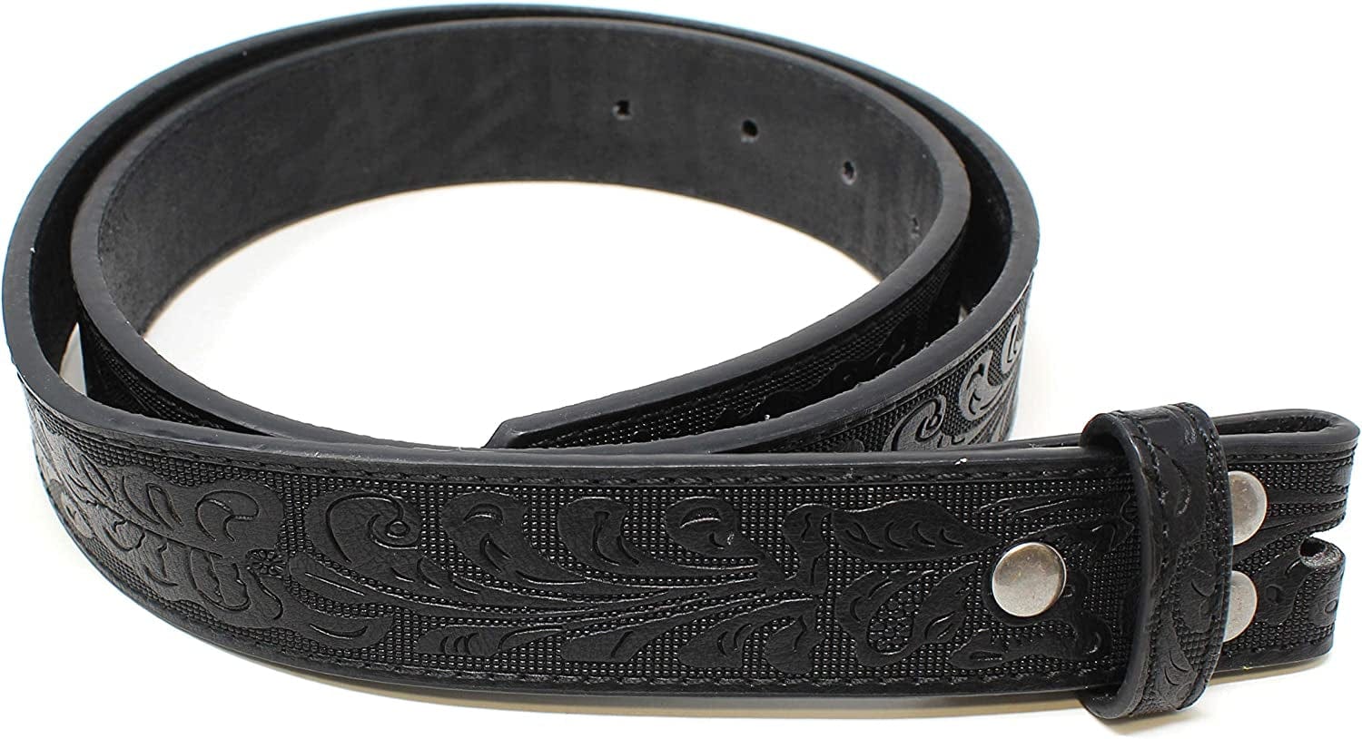 Womens Leather Belt Strap with Embossed Western Scrollwork 1.25" Wide with Snaps Apparel & Accessories > Clothing Accessories > Belts BC Belts Black Small (30-32) 