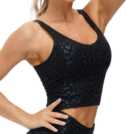 Womens Leopard Longline Sports Bra Wirefree Padded Medium Support Yoga Bras Gym Running Workout Tank Tops