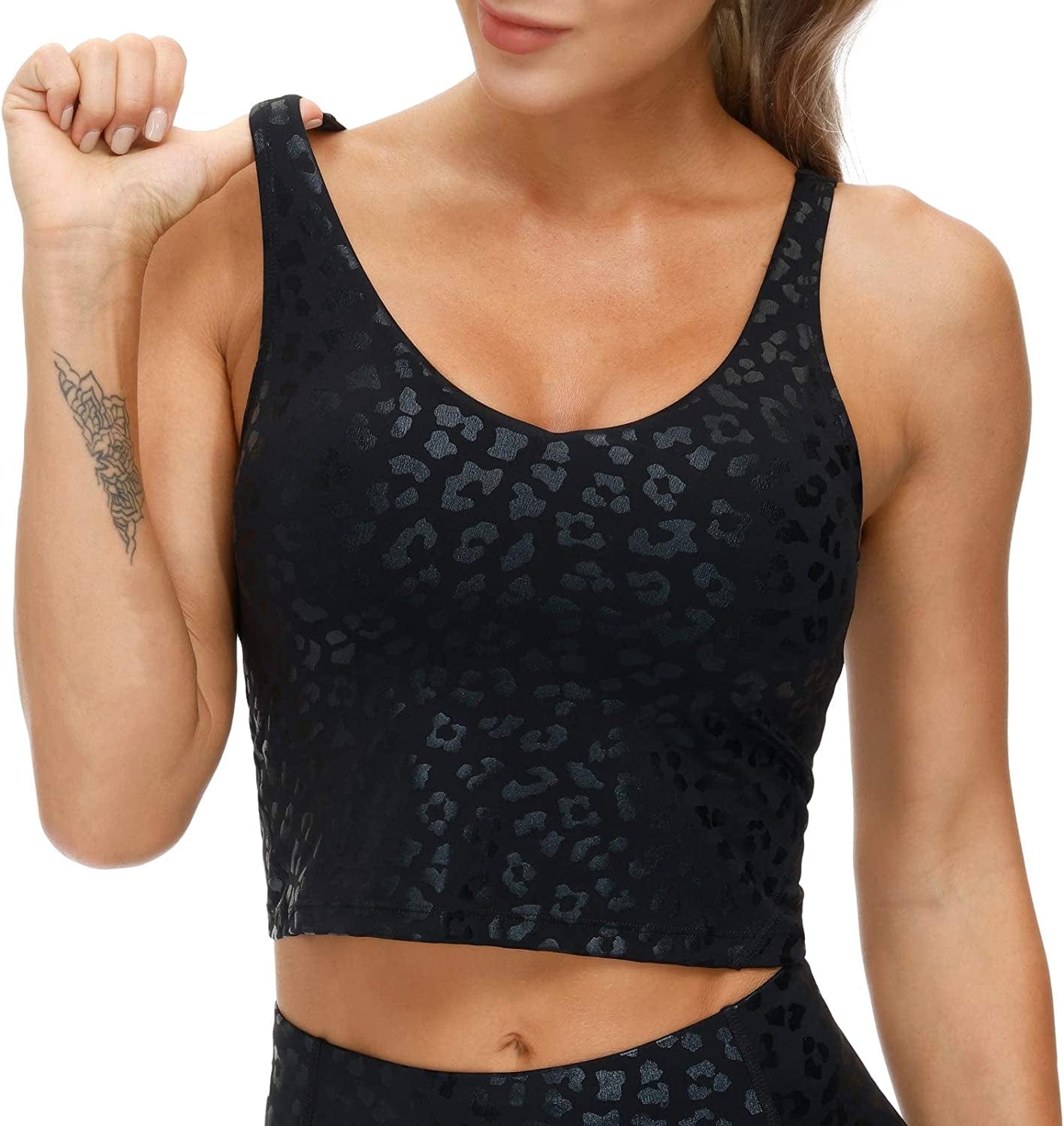 Womens Leopard Longline Sports Bra Wirefree Padded Medium Support Yoga Bras Gym Running Workout Tank Tops