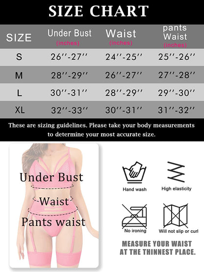 Womens Lingerie Strappy Fishnet Mesh Exotic High Waisted Lingerie Bra and Panty Sets 4 Piece Garter Lingerie Set