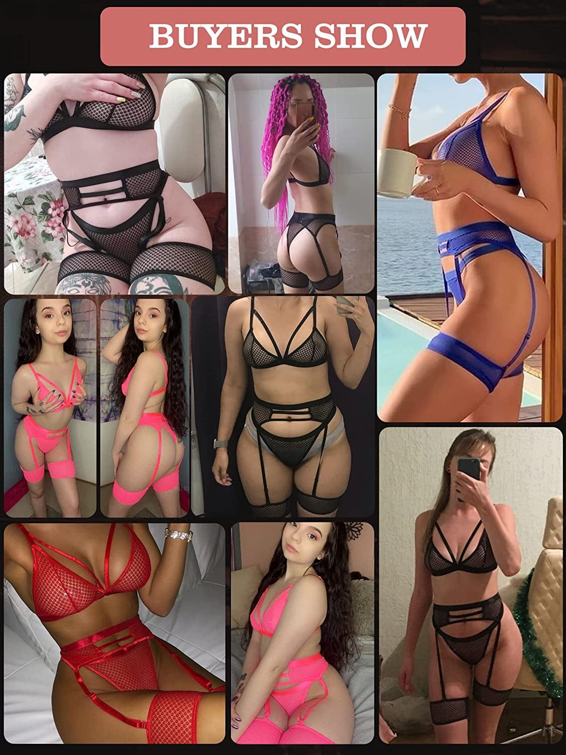 Womens Lingerie Strappy Fishnet Mesh Exotic High Waisted Lingerie Bra and Panty Sets 4 Piece Garter Lingerie Set