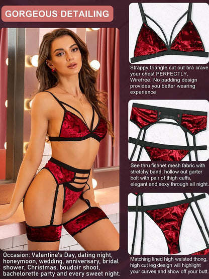 Womens Lingerie Strappy Fishnet Mesh Exotic High Waisted Lingerie Bra and Panty Sets 4 Piece Garter Lingerie Set