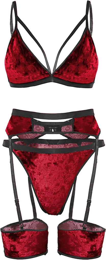 Womens Lingerie Strappy Fishnet Mesh Exotic High Waisted Lingerie Bra and Panty Sets 4 Piece Garter Lingerie Set Velvetred / Medium