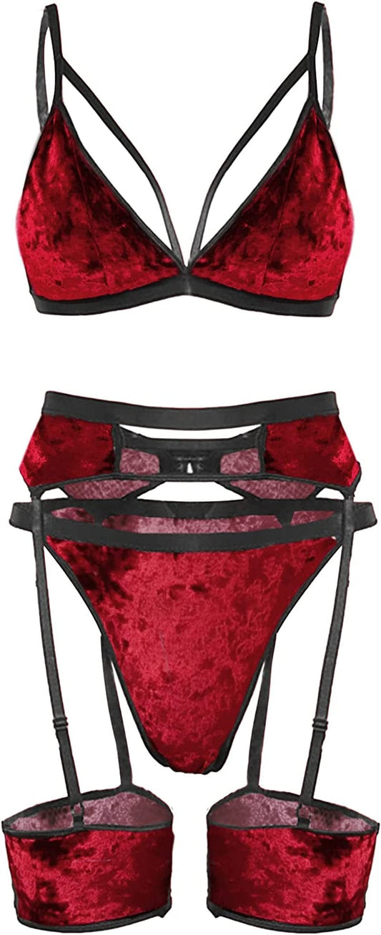 Womens Lingerie Strappy Fishnet Mesh Exotic High Waisted Lingerie Bra and Panty Sets 4 Piece Garter Lingerie Set Velvetred / Medium