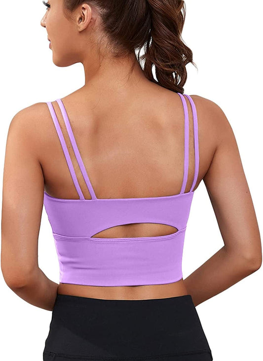 Womens Longline Sports Bra Padded Yoga Workout Crop Tank Tops Strappy Camisole Fitness Shirts Dream Purple / Large