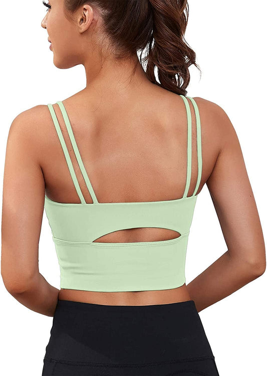 Womens Longline Sports Bra Padded Yoga Workout Crop Tank Tops Strappy Camisole Fitness Shirts Light Green / Small