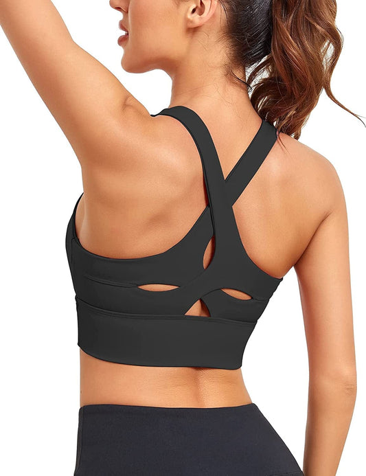 Womens Longline Sports Bras Strappy Cutout Workout Crop Tank Tops Criss Cross Back Yoga Bra Black Sports Bra / Medium