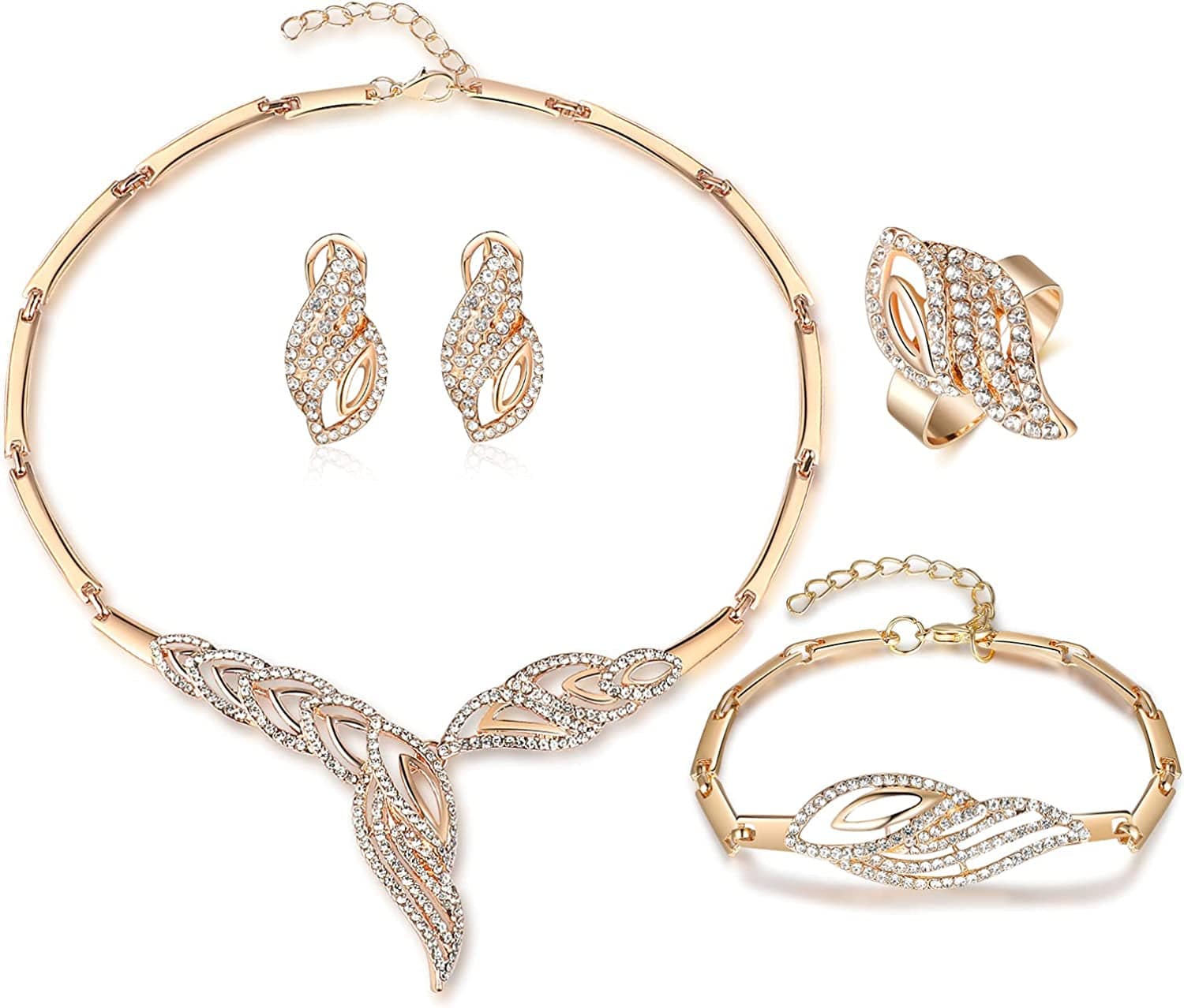Womens Luxury Africa Dubai 18K Gold Plated Jewelry Sets Wedding Rhinestone Crystal Bib Statement Necklace Earrings Set for Brides Party Prom C-Gold Statement Jewelry Set