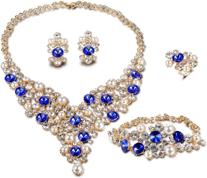 Womens Luxury Africa Dubai 18K Gold Plated Jewelry Sets Wedding Rhinestone Crystal Bib Statement Necklace Earrings Set for Brides Party Prom Luxurious Pearl Crystal Jewelry Set