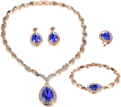 Womens Luxury Africa Dubai 18K Gold Plated Jewelry Sets Wedding Rhinestone Crystal Bib Statement Necklace Earrings Set for Brides Party Prom Royal Blue