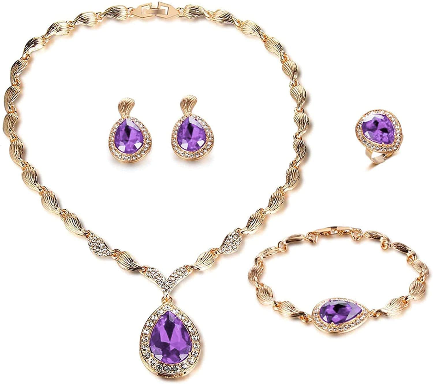 Womens Luxury Africa Dubai 18K Gold Plated Jewelry Sets Wedding Rhinestone Crystal Bib Statement Necklace Earrings Set for Brides Party Prom Purple