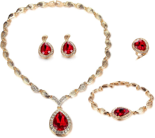 Womens Luxury Africa Dubai 18K Gold Plated Jewelry Sets Wedding Rhinestone Crystal Bib Statement Necklace Earrings Set for Brides Party Prom A-Teardrop Red Jewelry Set