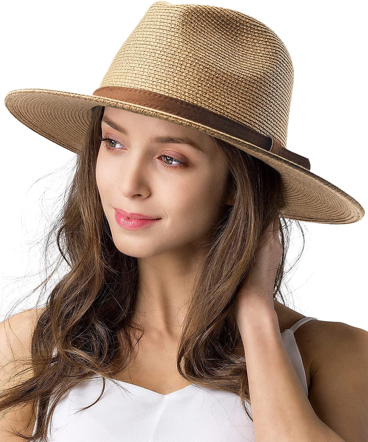 Womens Mens Wide Brim Straw Panama Hat Fedora Summer Beach Sun Hat UPF Straw Hat for Women Apparel & Accessories > Clothing Accessories > Hats KYLIE MAX Ad-khaki 02 Medium 