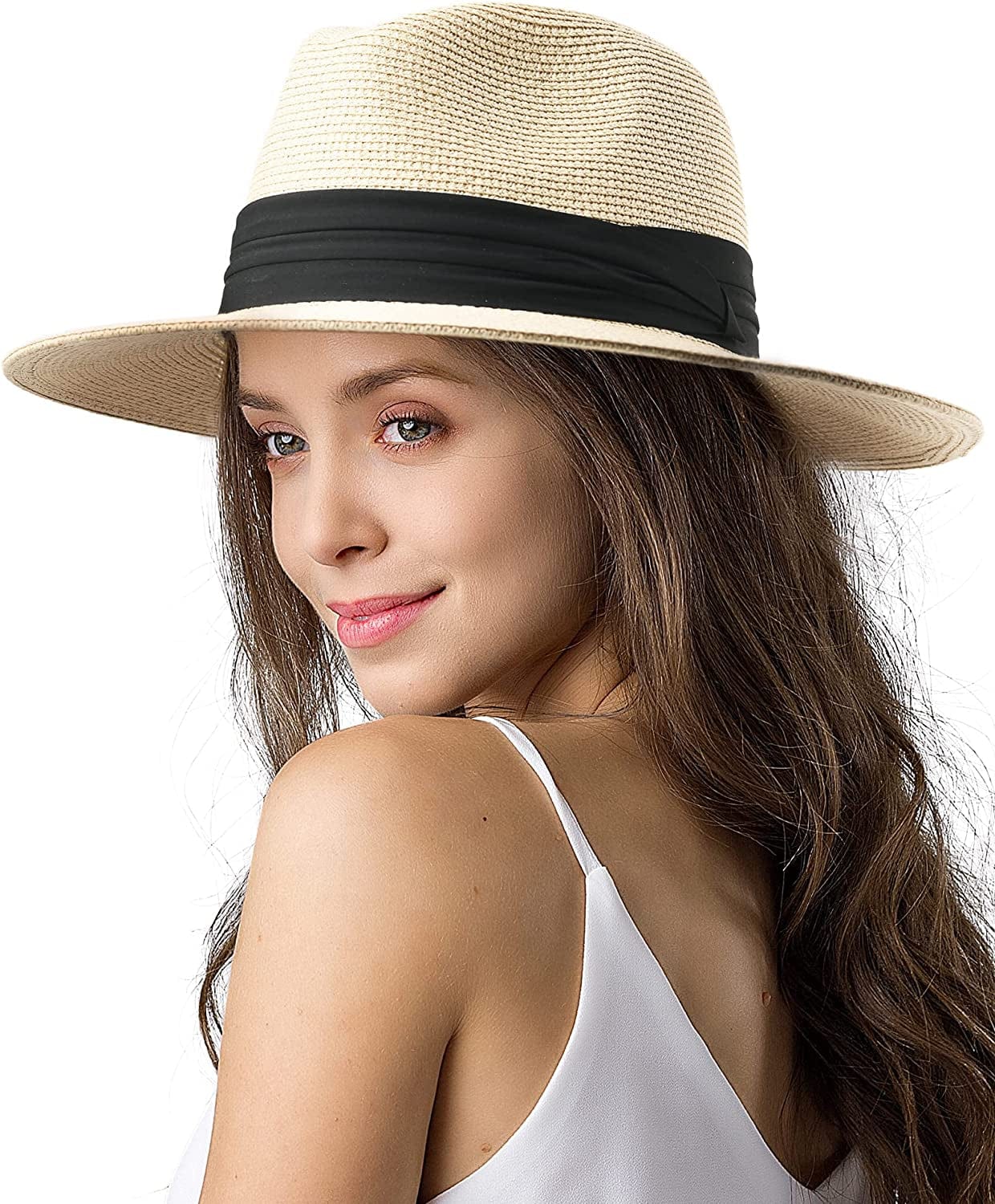 Womens Mens Wide Brim Straw Panama Hat Fedora Summer Beach Sun Hat UPF Straw Hat for Women Apparel & Accessories > Clothing Accessories > Hats KYLIE MAX Ab-beige Medium 