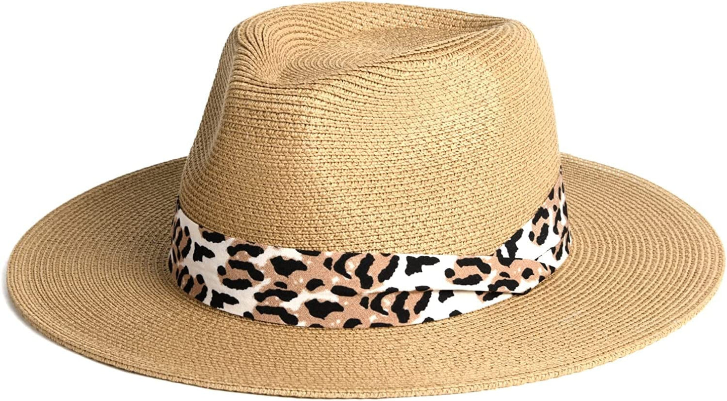Womens Mens Wide Brim Straw Panama Hat Fedora Summer Beach Sun Hat UPF Straw Hat for Women Apparel & Accessories > Clothing Accessories > Hats KYLIE MAX Khaki-dark Leopard Medium 