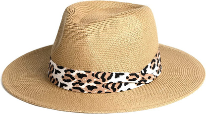 Womens Mens Wide Brim Straw Panama Hat Fedora Summer Beach Sun Hat UPF Straw Hat for Women Apparel & Accessories > Clothing Accessories > Hats KYLIE MAX Khaki-dark Leopard Medium 