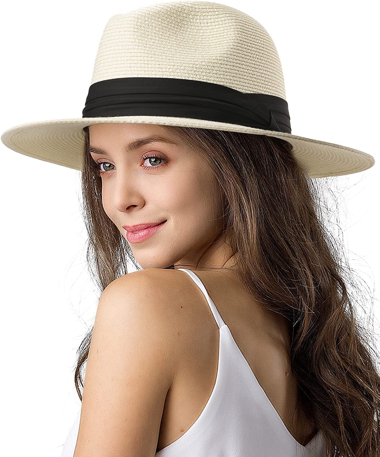 Womens Mens Wide Brim Straw Panama Hat Fedora Summer Beach Sun Hat UPF Straw Hat for Women Apparel & Accessories > Clothing Accessories > Hats KYLIE MAX Ac-cream White Medium 