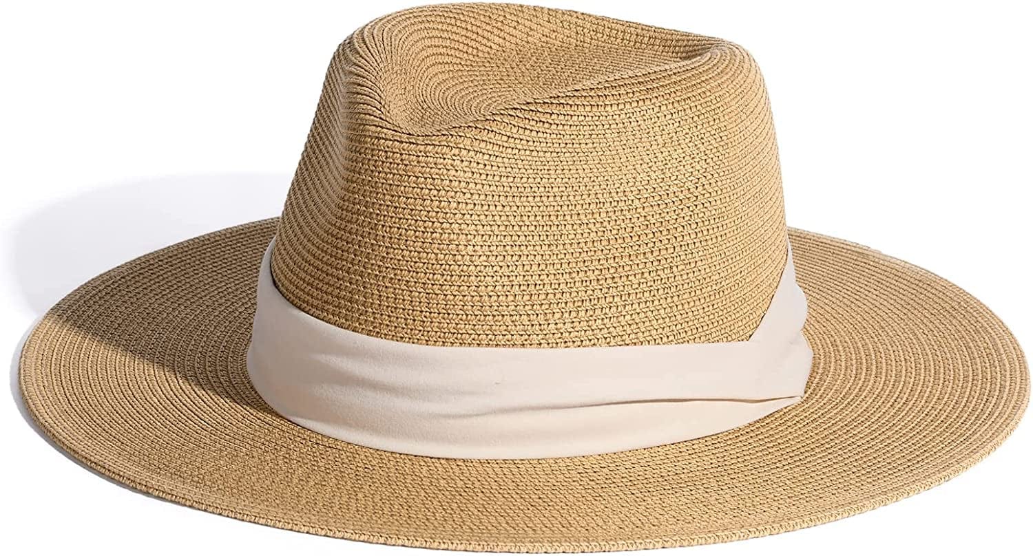 Womens Mens Wide Brim Straw Panama Hat Fedora Summer Beach Sun Hat UPF Straw Hat for Women Apparel & Accessories > Clothing Accessories > Hats KYLIE MAX Khaki-beige Large 