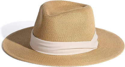 Womens Mens Wide Brim Straw Panama Hat Fedora Summer Beach Sun Hat UPF Straw Hat for Women Apparel & Accessories > Clothing Accessories > Hats KYLIE MAX Khaki-beige Large 