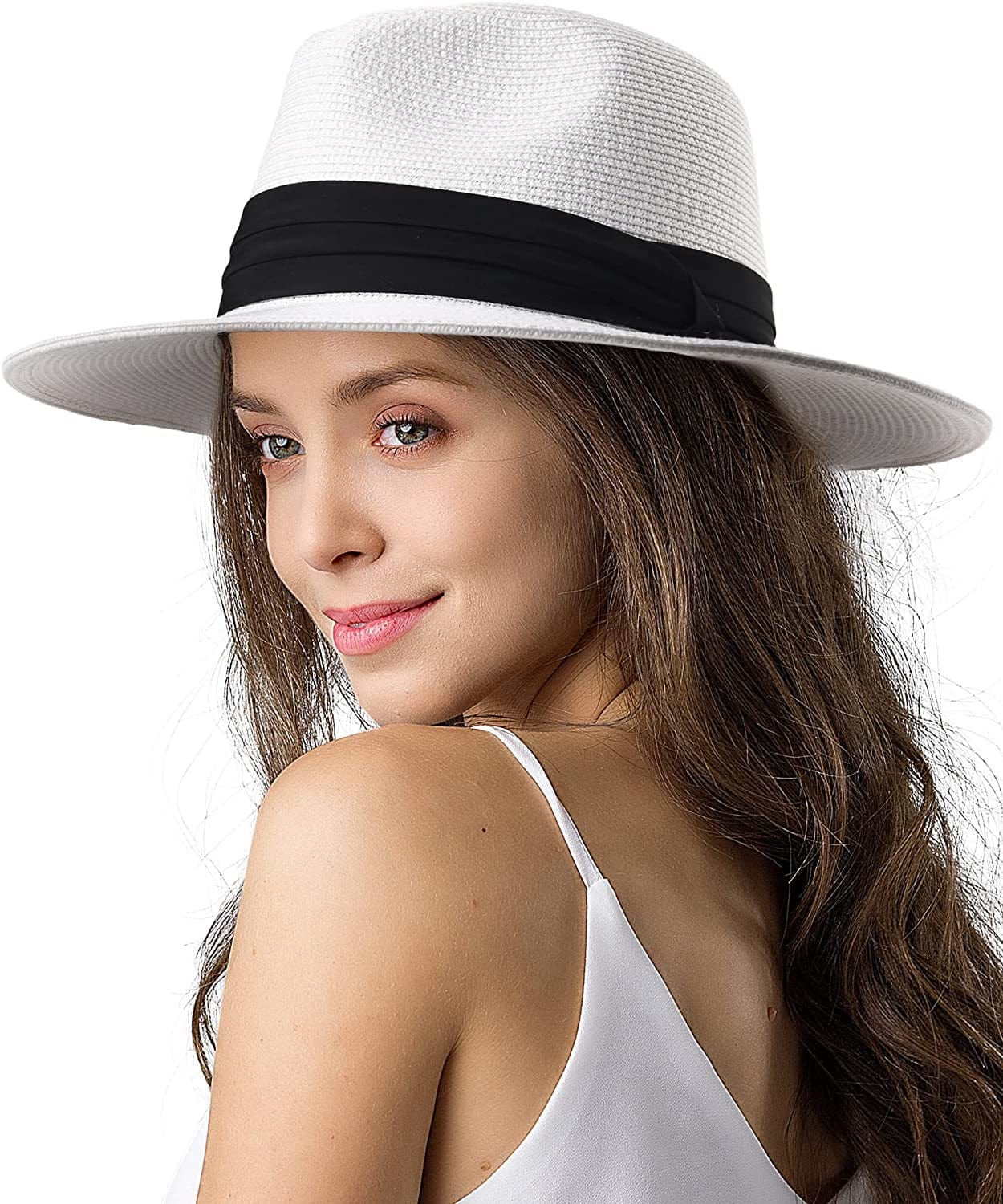 Womens Mens Wide Brim Straw Panama Hat Fedora Summer Beach Sun Hat UPF Straw Hat for Women Apparel & Accessories > Clothing Accessories > Hats KYLIE MAX White Medium 