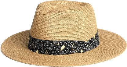 Womens Mens Wide Brim Straw Panama Hat Fedora Summer Beach Sun Hat UPF Straw Hat for Women Apparel & Accessories > Clothing Accessories > Hats KYLIE MAX Khaki-paisley Medium 