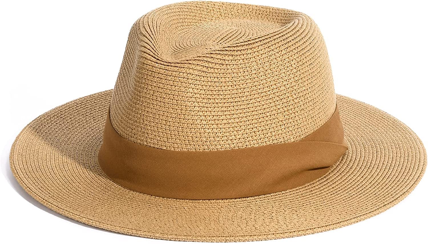 Womens Mens Wide Brim Straw Panama Hat Fedora Summer Beach Sun Hat UPF Straw Hat for Women Apparel & Accessories > Clothing Accessories > Hats KYLIE MAX Khaki-brown Medium 