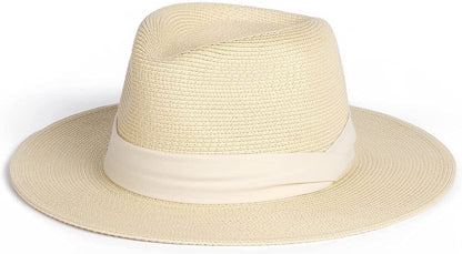 Womens Mens Wide Brim Straw Panama Hat Fedora Summer Beach Sun Hat UPF Straw Hat for Women Apparel & Accessories > Clothing Accessories > Hats KYLIE MAX Beige-white Large 