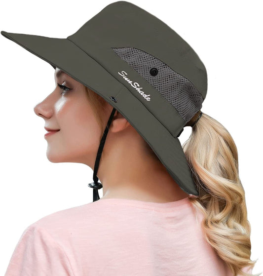 Womens Outdoor Summer Sun Hat UV Protection Wide Brim Foldable Fishing Hats with Ponytail Hole Apparel & Accessories > Clothing Accessories > Hats HICOSKY Army Green  