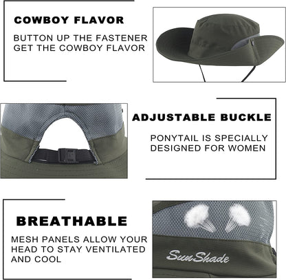 Womens Outdoor Summer Sun Hat UV Protection Wide Brim Foldable Fishing Hats with Ponytail Hole Apparel & Accessories > Clothing Accessories > Hats HICOSKY   