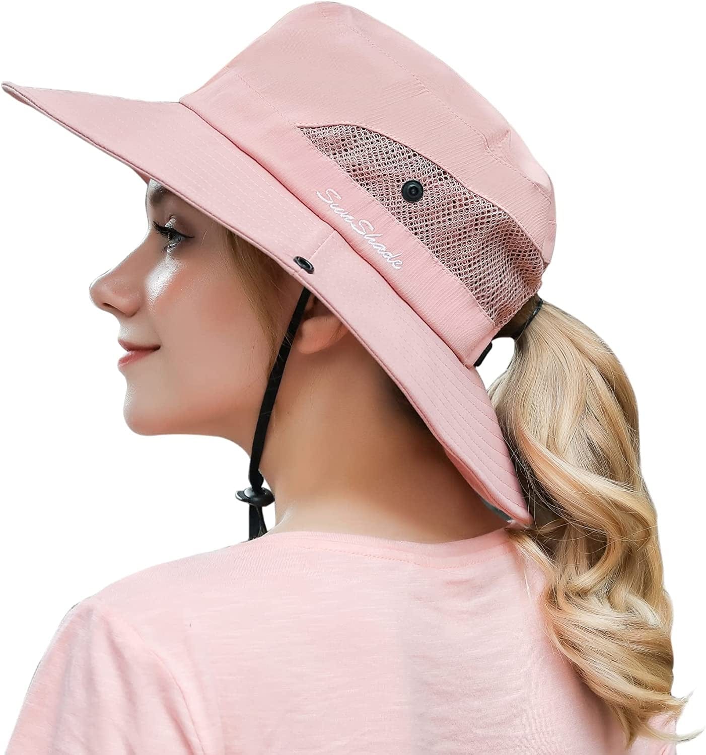Womens Outdoor Summer Sun Hat UV Protection Wide Brim Foldable Fishing Hats with Ponytail Hole Apparel & Accessories > Clothing Accessories > Hats HICOSKY Pure Pink  