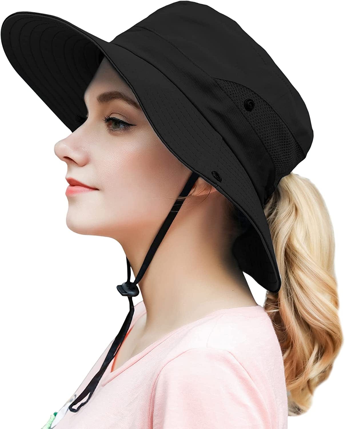 Womens Outdoor Summer Sun Hat UV Protection Wide Brim Foldable Fishing Hats with Ponytail Hole Apparel & Accessories > Clothing Accessories > Hats HICOSKY Black  