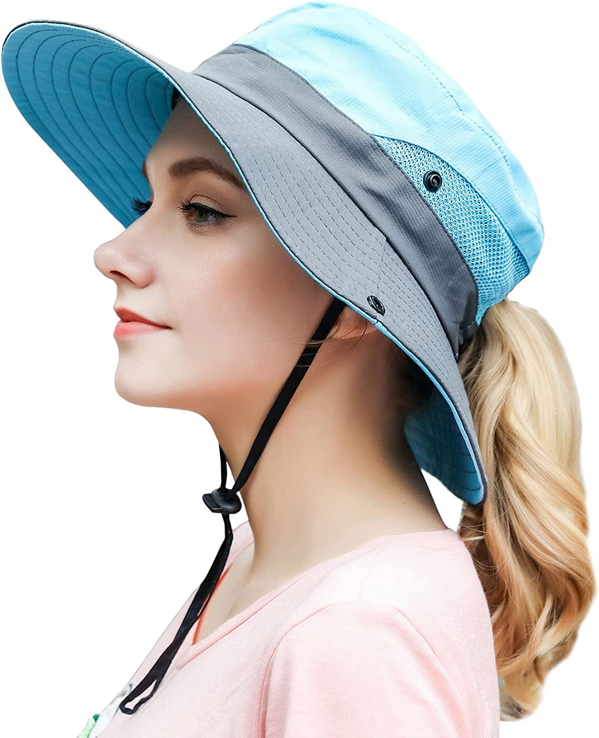 Womens Outdoor Summer Sun Hat UV Protection Wide Brim Foldable Fishing Hats with Ponytail Hole Apparel & Accessories > Clothing Accessories > Hats HICOSKY Blue  