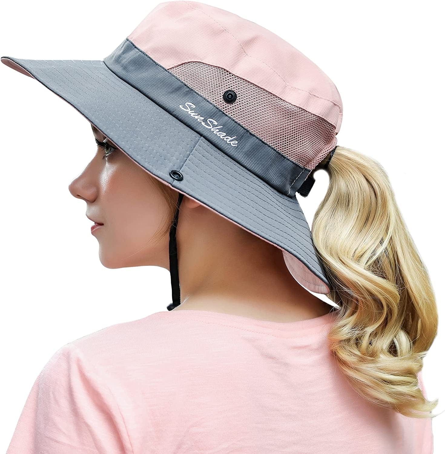 Womens Outdoor Summer Sun Hat UV Protection Wide Brim Foldable Fishing Hats with Ponytail Hole Apparel & Accessories > Clothing Accessories > Hats HICOSKY Pink  