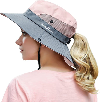 Womens Outdoor Summer Sun Hat UV Protection Wide Brim Foldable Fishing Hats with Ponytail Hole Apparel & Accessories > Clothing Accessories > Hats HICOSKY Pink  