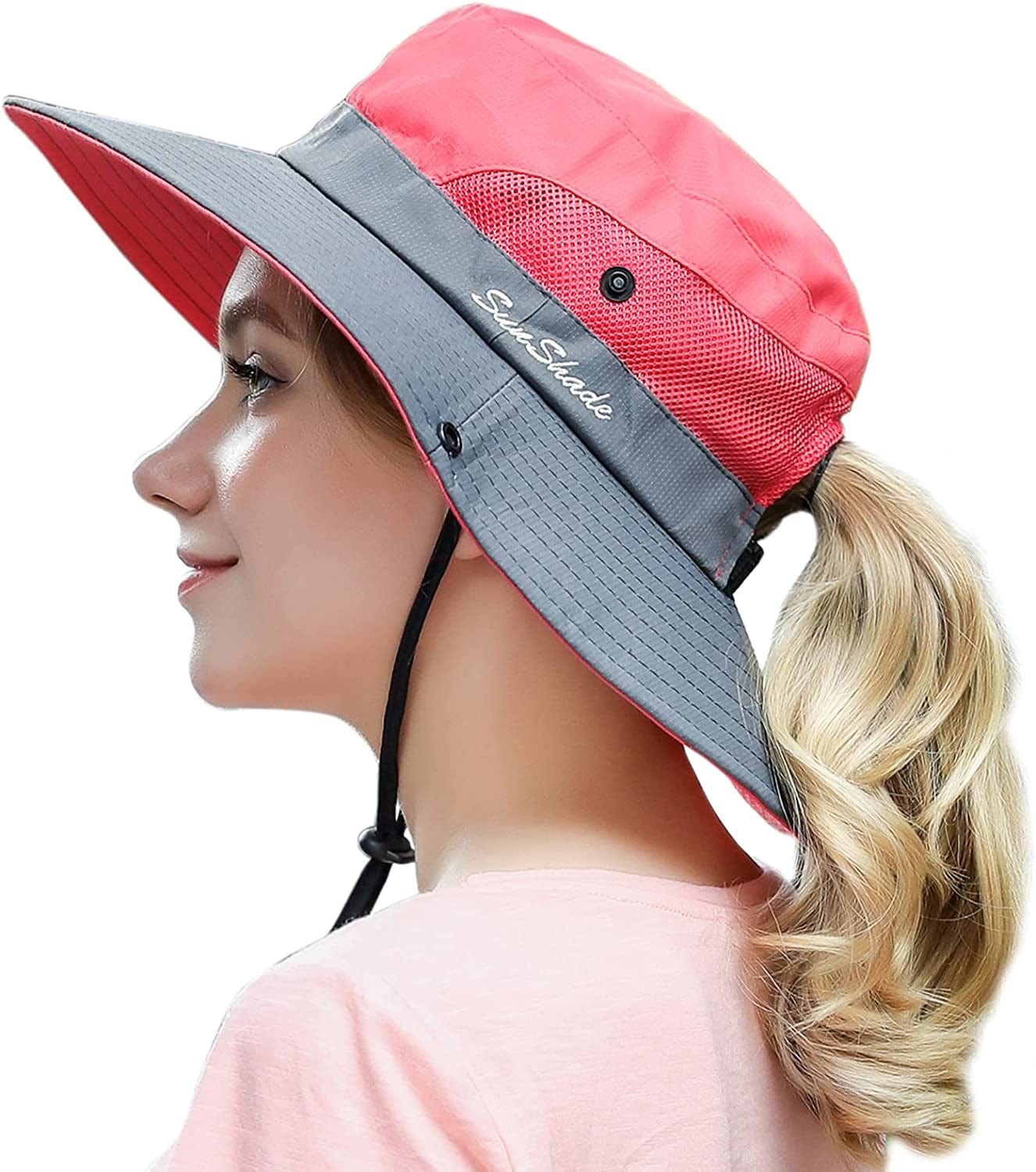 Womens Outdoor Summer Sun Hat UV Protection Wide Brim Foldable Fishing Hats with Ponytail Hole Apparel & Accessories > Clothing Accessories > Hats HICOSKY Watermelon Red  