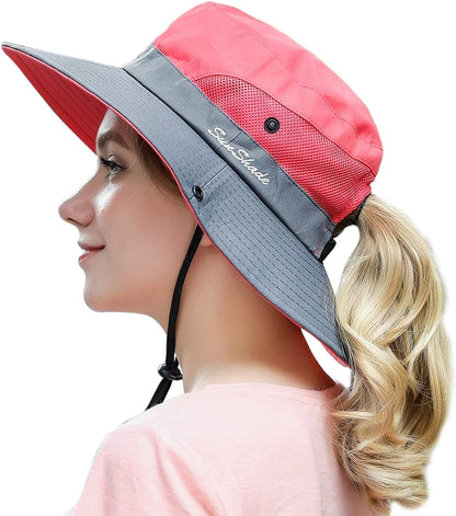 Womens Outdoor Summer Sun Hat UV Protection Wide Brim Foldable Fishing Hats with Ponytail Hole Apparel & Accessories > Clothing Accessories > Hats HICOSKY Watermelon Red  